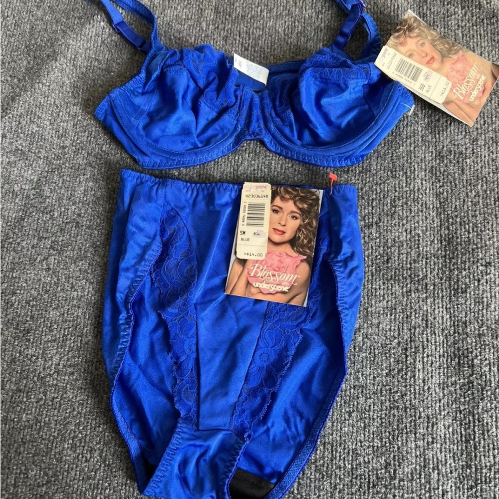 NWT Vtg Bra Panty Set Bold Blue 36B SMALL underscene 90’s High Cut Underwire Pin